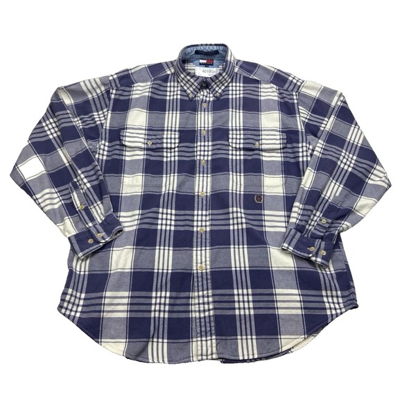 Vintage Tommy Hilfiger Button Shirt Mens XL Plaid Flannel Crest 90s Flap Pockets - Picture 1 of 16